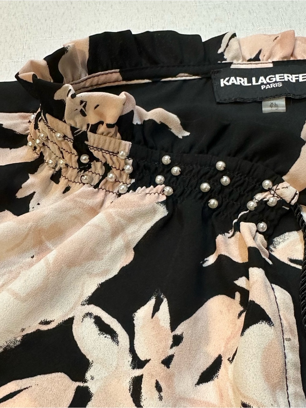 Karl Lagerfeld Paris Floral Pearl Embellished Tassel Blouse XL - Picture 3 of 15